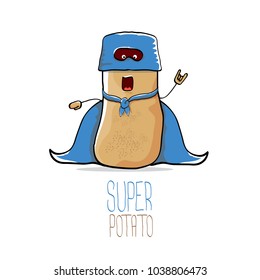 vector funny cartoon cute brown super hero potato with blue hero cape and mask isolated on white background. My name is potato vector concept. super funky vegetable food character