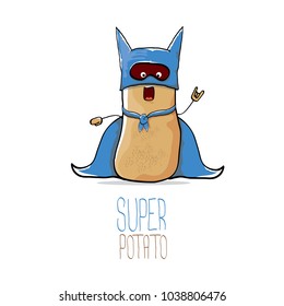 vector funny cartoon cute brown super hero potato with blue hero cape and mask isolated on white background. My name is potato vector concept. super funky vegetable food character