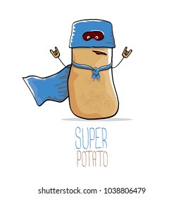 vector funny cartoon cute brown super hero potato with blue hero cape and mask isolated on white background. My name is potato vector concept. super funky vegetable food character