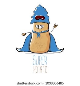 vector funny cartoon cute brown super hero potato with blue hero cape and mask isolated on white background. My name is potato vector concept. super funky vegetable food character