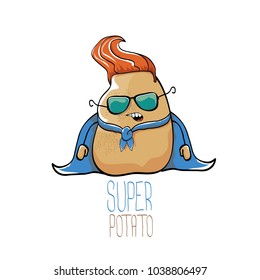 vector funny cartoon cute brown super hero potato with blue hero cape and sunglasses isolated on white background. My name is potato vector concept. super funky vegetable food character