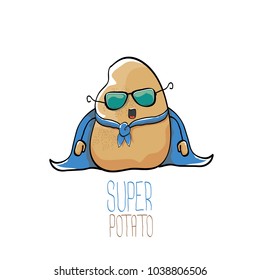 vector funny cartoon cute brown super hero potato with blue hero cape and sunglasses isolated on white background. My name is potato vector concept. super funky vegetable food character