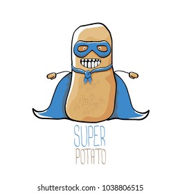 vector funny cartoon cute brown super hero potato with blue hero cape and mask isolated on white background. My name is potato vector concept. super funky vegetable food character