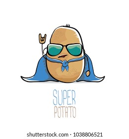 vector funny cartoon cute brown super hero potato with blue hero cape and sunglasses isolated on white background. My name is potato vector concept. super funky vegetable food character