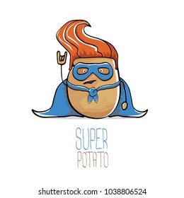 vector funny cartoon cute brown super hero potato with blue hero cape and mask isolated on white background. My name is potato vector concept. super funky vegetable food character