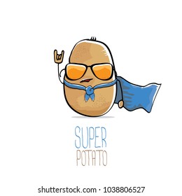 vector funny cartoon cute brown super hero potato with blue hero cape and sunglasses isolated on white background. My name is potato vector concept. super funky vegetable food character