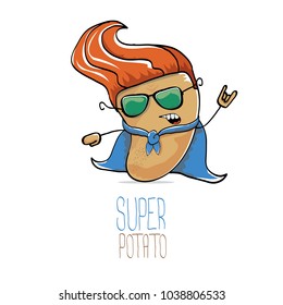 vector funny cartoon cute brown super hero potato with blue hero cape and sunglasses isolated on white background. My name is potato vector concept. super funky vegetable food character