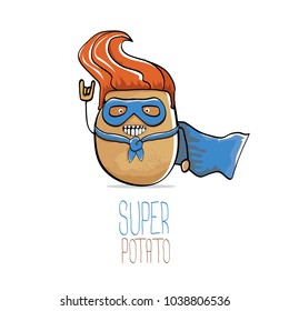 vector funny cartoon cute brown super hero potato with blue hero cape and mask isolated on white background. My name is potato vector concept. super funky vegetable food character