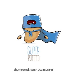 vector funny cartoon cute brown super hero potato with blue hero cape and mask isolated on white background. My name is potato vector concept. super funky vegetable food character