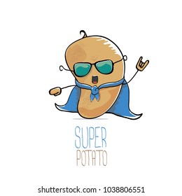 vector funny cartoon cute brown super hero potato with blue hero cape and sunglasses isolated on white background. My name is potato vector concept. super funky vegetable food character