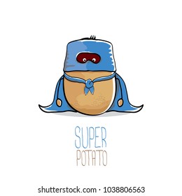 vector funny cartoon cute brown super hero potato with blue hero cape and mask isolated on white background. My name is potato vector concept. super funky vegetable food character
