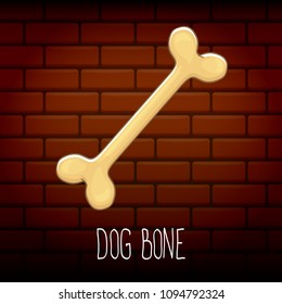 vector funny cartoon cute brown dog bone isolated on brick wall background. bone label or logo design element.