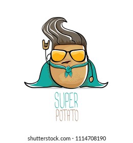 vector funny cartoon cute brown super hero potato with azure hero cape and sunglasses isolated on white background. My name is potato vector concept. super funky vegetable food character