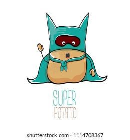 vector funny cartoon cute brown super hero potato with azure hero cape and mask isolated on white background. My name is potato vector concept. super funky vegetable food character