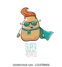 vector funny cartoon cute brown super hero potato with azure hero cape and sunglasses isolated on white background. My name is potato vector concept. super funky vegetable food character