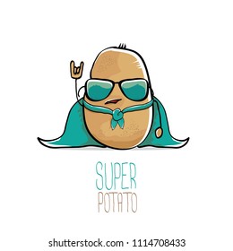 vector funny cartoon cute brown super hero potato with azure hero cape and sunglasses isolated on white background. My name is potato vector concept. super funky vegetable food character