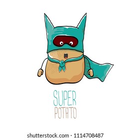 vector funny cartoon cute brown super hero potato with azure hero cape and mask isolated on white background. My name is potato vector concept. super funky vegetable food character