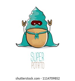 vector funny cartoon cute brown super hero potato with azure hero cape and mask isolated on white background. My name is potato vector concept. super funky vegetable food character