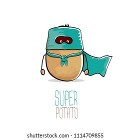 vector funny cartoon cute brown super hero potato with azure hero cape and mask isolated on white background. My name is potato vector concept. super funky vegetable food character