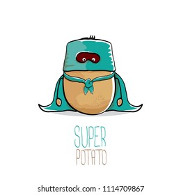 vector funny cartoon cute brown super hero potato with azure hero cape and mask isolated on white background. My name is potato vector concept. super funky vegetable food character
