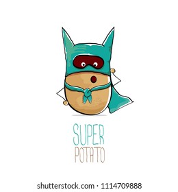 vector funny cartoon cute brown super hero potato with azure hero cape and mask isolated on white background. My name is potato vector concept. super funky vegetable food character