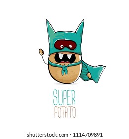 vector funny cartoon cute brown super hero potato with azure hero cape and mask isolated on white background. My name is potato vector concept. super funky vegetable food character