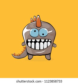 vector funny cartoon cute brown monster dinosaur isolated on orange background. Vector funny brown  mascot dragon . Hand drawn Dino logo design template