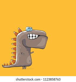 vector funny cartoon cute brown monster dinosaur isolated on orange background. Vector funny brown  mascot dragon . Hand drawn Dino logo design template