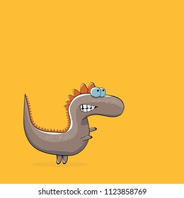 vector funny cartoon cute brown monster dinosaur isolated on orange background. Vector funny brown  mascot dragon . Hand drawn Dino logo design template