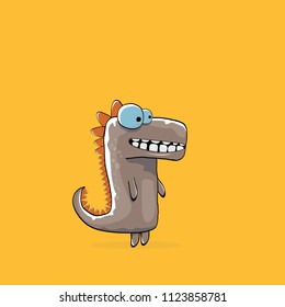 vector funny cartoon cute brown monster dinosaur isolated on orange background. Vector funny brown  mascot dragon . Hand drawn Dino logo design template