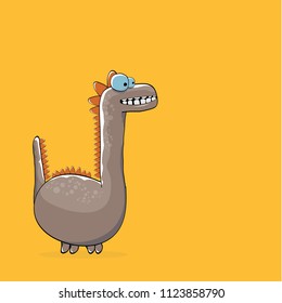 vector funny cartoon cute brown monster dinosaur isolated on orange background. Vector funny brown  mascot dragon . Hand drawn Dino logo design template