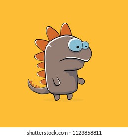 vector funny cartoon cute brown monster dinosaur isolated on orange background. Vector funny brown  mascot dragon . Hand drawn Dino logo design template