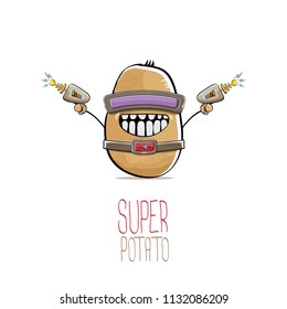 vector funny cartoon cute brown super hero cyborg potato with mask and gun isolated on white background. My name is potato vector concept. super funky vegetable food character