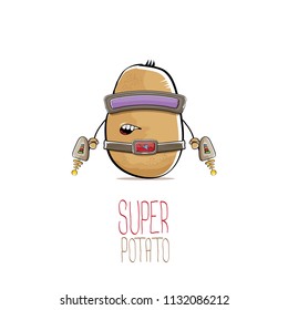 vector funny cartoon cute brown super hero cyborg potato with mask and gun isolated on white background. My name is potato vector concept. super funky vegetable food character
