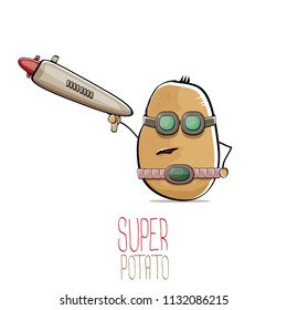vector funny cartoon cute brown super hero cyborg potato with mask and gun isolated on white background. My name is potato vector concept. super funky vegetable food character