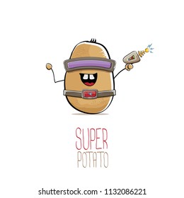 vector funny cartoon cute brown super hero cyborg potato with mask and gun isolated on white background. My name is potato vector concept. super funky vegetable food character