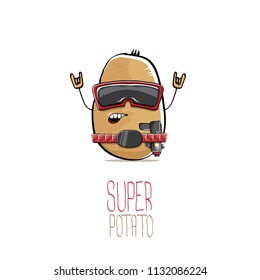 vector funny cartoon cute brown super hero cyborg potato with mask and gun isolated on white background. My name is potato vector concept. super funky vegetable food character