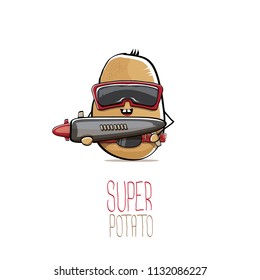 vector funny cartoon cute brown super hero cyborg potato with mask and gun isolated on white background. My name is potato vector concept. super funky vegetable food character