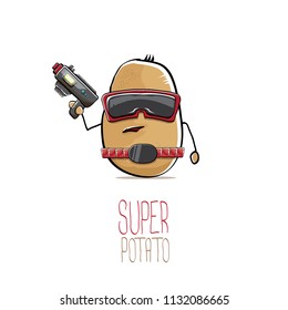vector funny cartoon cute brown super hero cyborg potato with mask and gun isolated on white background. My name is potato vector concept. super funky vegetable food character