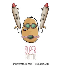 vector funny cartoon cute brown super hero cyborg potato with mask and gun isolated on white background. My name is potato vector concept. super funky vegetable food character