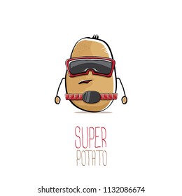 vector funny cartoon cute brown super hero cyborg potato with mask and gun isolated on white background. My name is potato vector concept. super funky vegetable food character