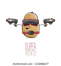 vector funny cartoon cute brown super hero cyborg potato with mask and gun isolated on white background. My name is potato vector concept. super funky vegetable food character