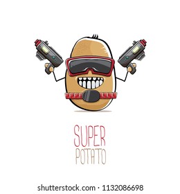 vector funny cartoon cute brown super hero cyborg potato with mask and gun isolated on white background. My name is potato vector concept. super funky vegetable food character