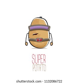 vector funny cartoon cute brown super hero cyborg potato with mask and gun isolated on white background. My name is potato vector concept. super funky vegetable food character