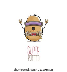 vector funny cartoon cute brown super hero cyborg potato with mask and gun isolated on white background. My name is potato vector concept. super funky vegetable food character