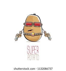 vector funny cartoon cute brown super hero cyborg potato with mask and gun isolated on white background. My name is potato vector concept. super funky vegetable food character
