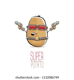 vector funny cartoon cute brown super hero cyborg potato with mask and gun isolated on white background. My name is potato vector concept. super funky vegetable food character