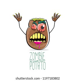 vector funny cartoon cute brown zombie potato character isolated on white background. My name is zombie potato vector concept halloween background. monster vegetable funky character