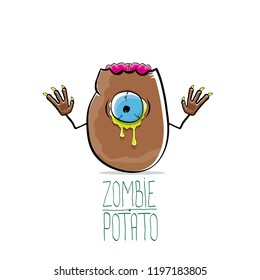 vector funny cartoon cute brown zombie potato character isolated on white background. My name is zombie potato vector concept halloween background. monster vegetable funky character
