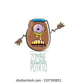 vector funny cartoon cute brown zombie potato character isolated on white background. My name is zombie potato vector concept halloween background. monster vegetable funky character